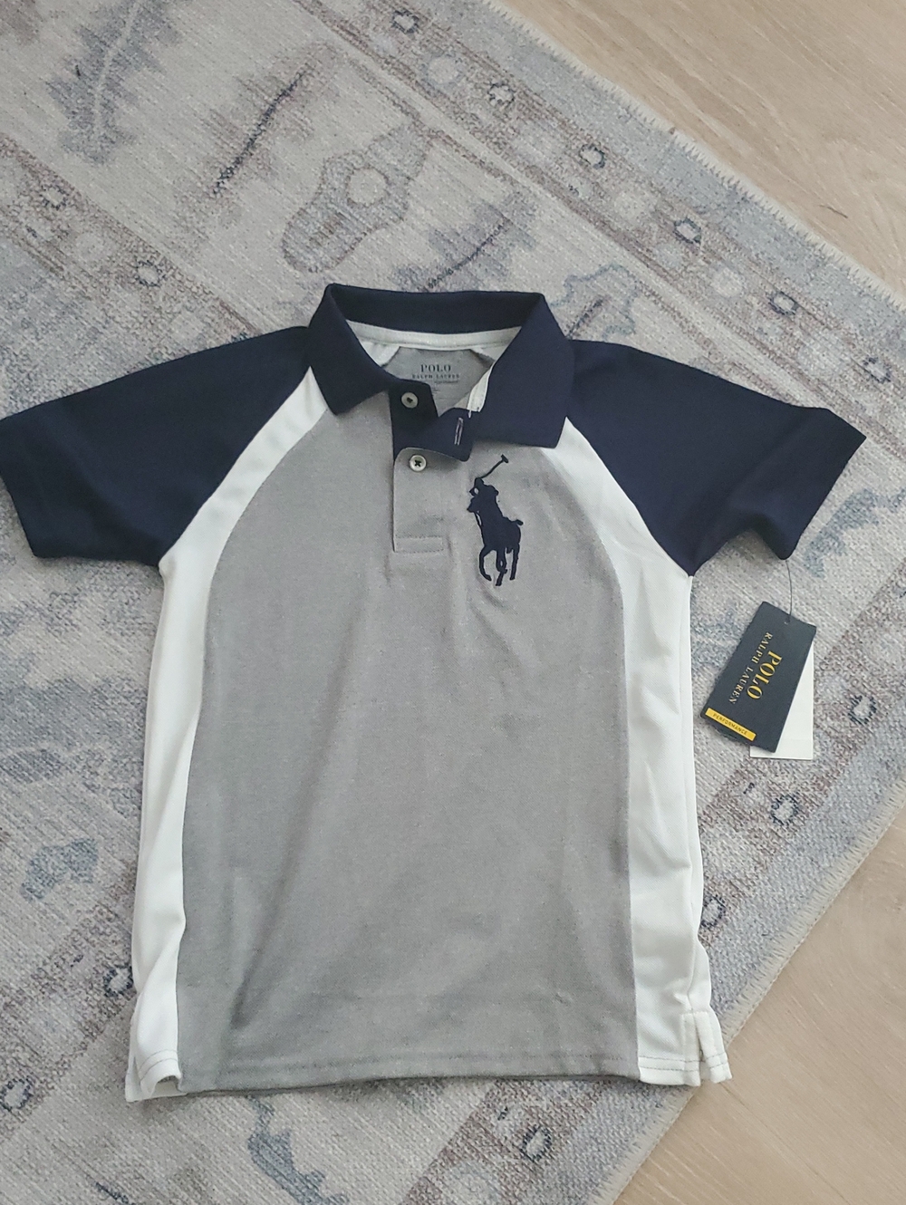 NWT Polo Ralph Lauren Boys Performance Polo Short Sleeve Navy Gray Shirt Top Sz6 - Picture 2 of 10